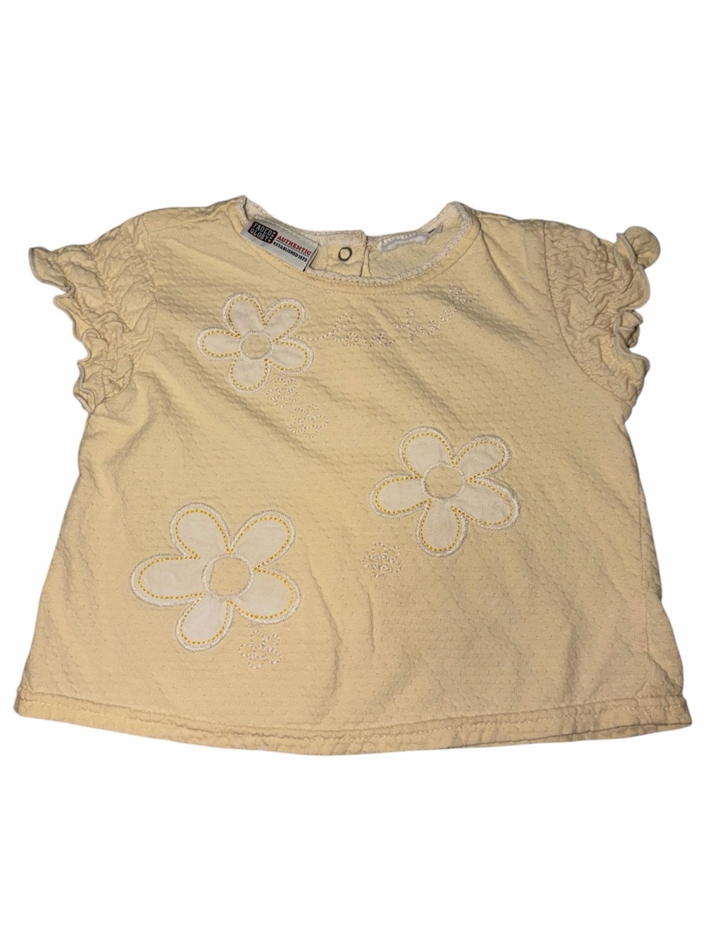 EUC Vintage Y2K Faded Glory Butter Yellow Tee 12m Smocked Sleeves Daisy Appliqué